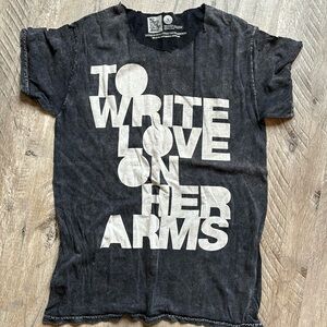 Small TWLOHA to write love on her arms shirt neck cut acid wash